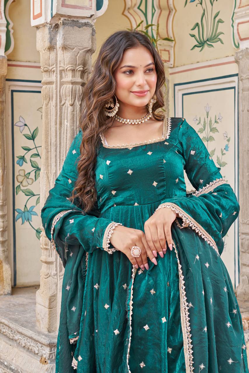 Lehenga Mart Designer Anarkali Suit With Kurta Palazzo Dupatta For Women-Emerald Green - Dista