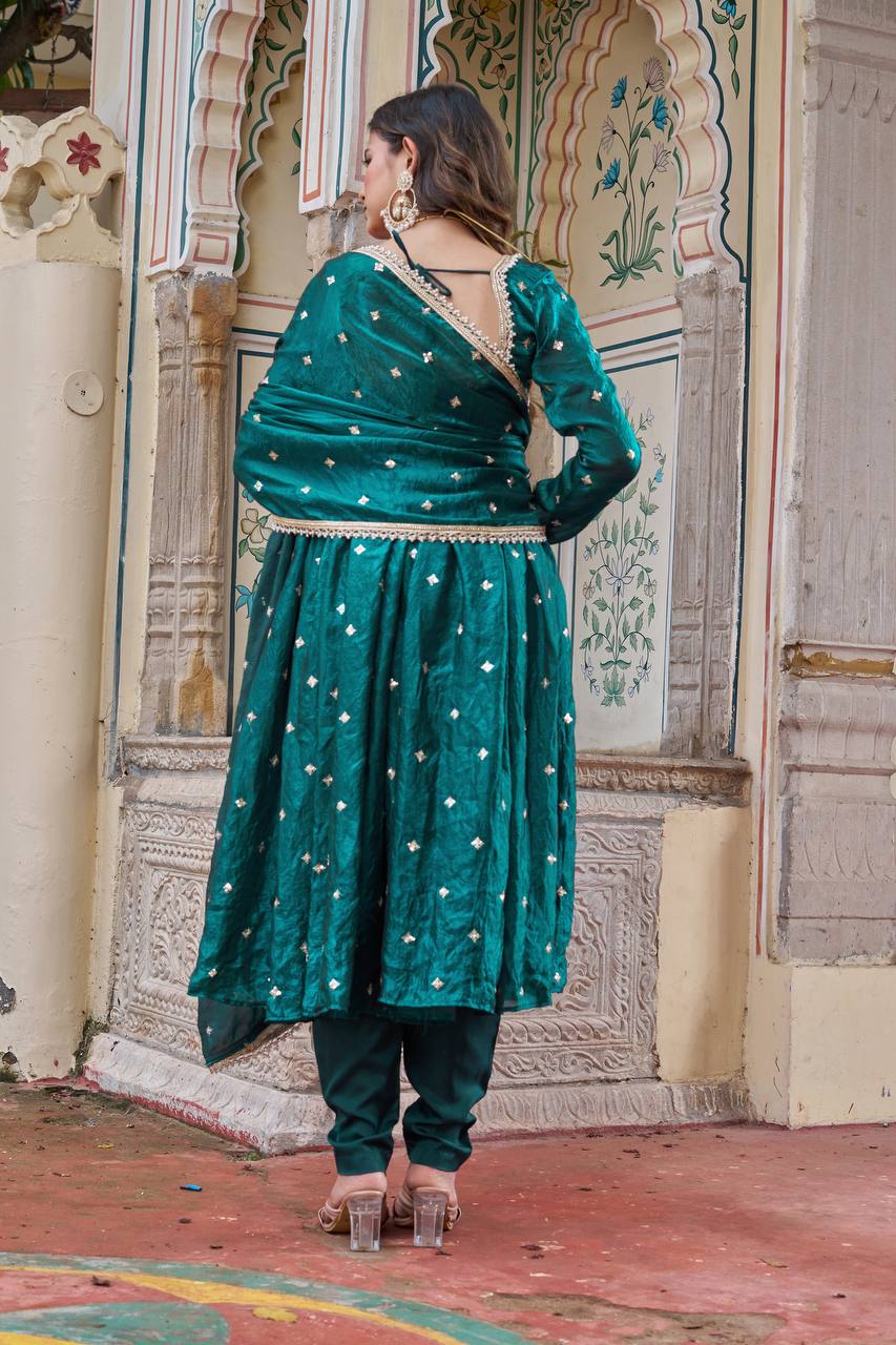 Lehenga Mart Designer Anarkali Suit With Kurta Palazzo Dupatta For Women-Emerald Green - Dista