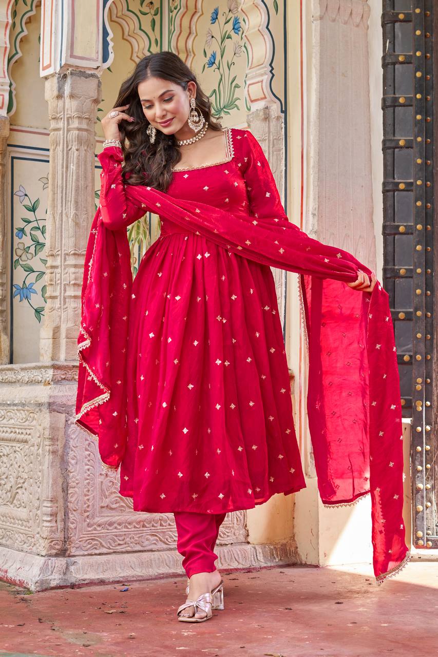 Lehenga Mart Designer Anarkali Suit With Kurta Palazzo Dupatta For Women-Hot Pink - Dista