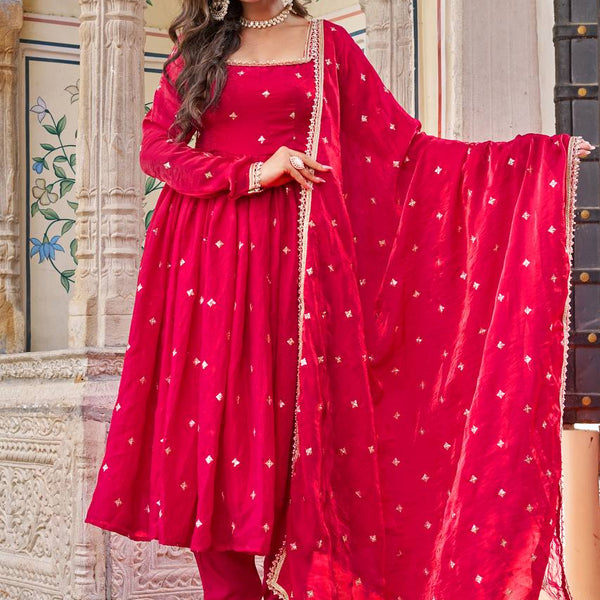 Lehenga Mart Designer Anarkali Suit With Kurta Palazzo Dupatta For Women-Hot Pink - Dista