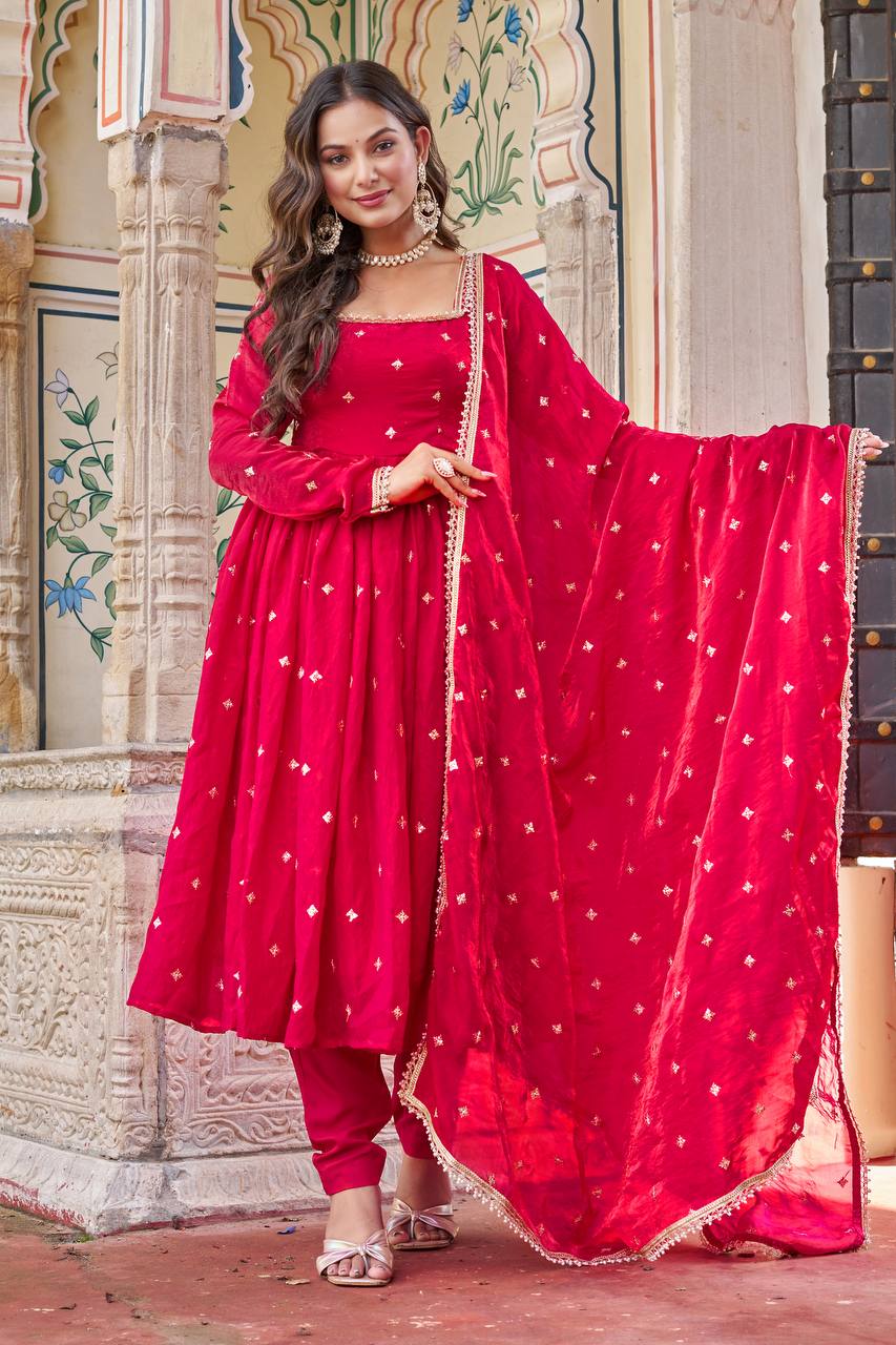 Lehenga Mart Designer Anarkali Suit With Kurta Palazzo Dupatta For Women-Hot Pink - Dista