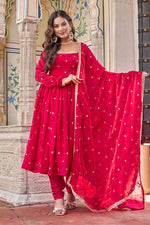 Thumbnail for Lehenga Mart Designer Anarkali Suit With Kurta Palazzo Dupatta For Women-Hot Pink - Dista