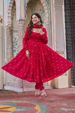 Thumbnail for Lehenga Mart Designer Anarkali Suit With Kurta Palazzo Dupatta For Women-Hot Pink - Dista