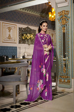 Thumbnail for Vastranavya Purple Spectacular Georgette Printed with Pearl Lace Saree with Unstitched Blouse - Distacart