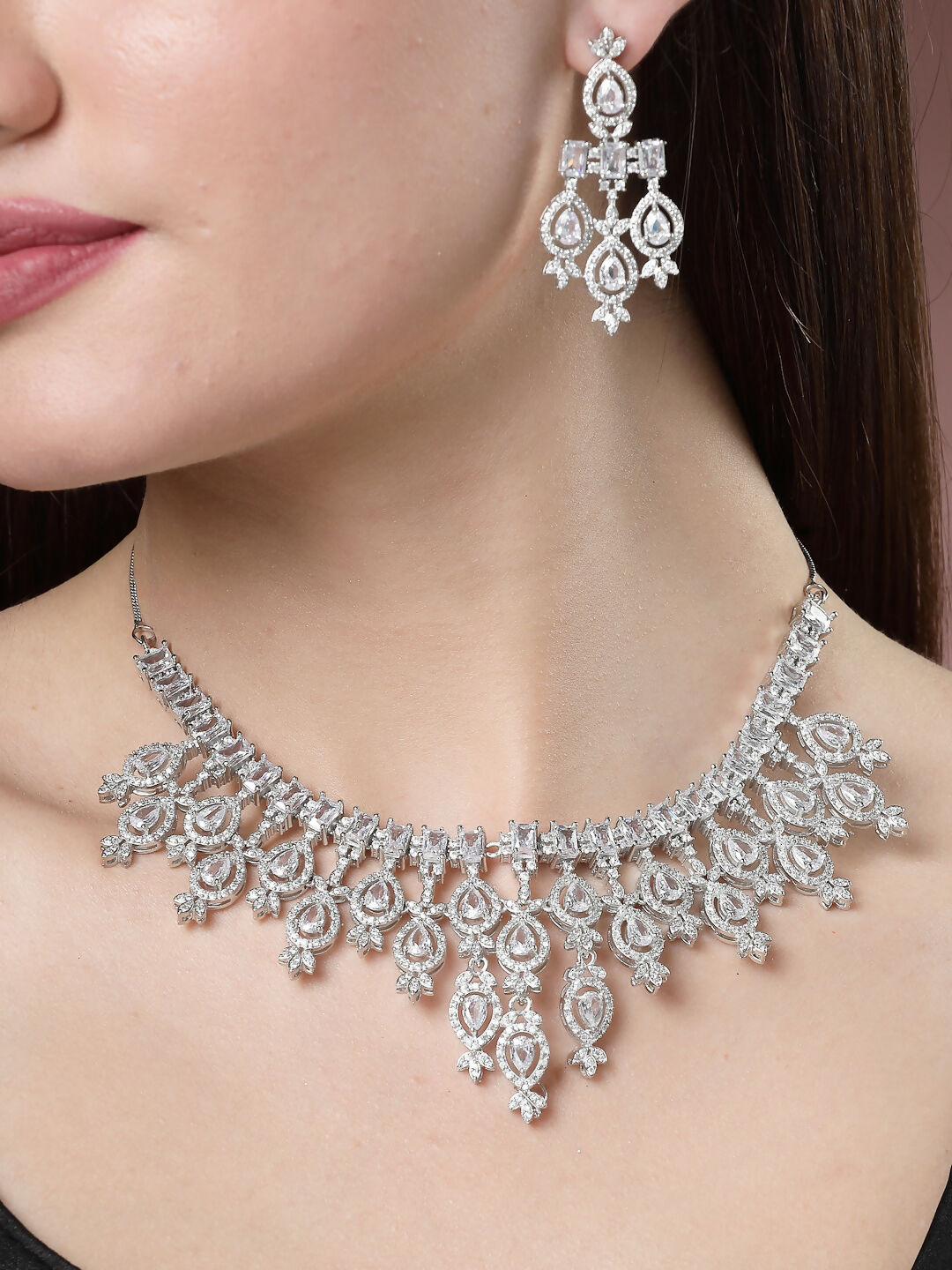 NVR Women's Silver-Plated Cubic Zirconia Studded Handcrafted Jewellery Set - Distacart