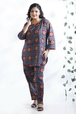Thumbnail for Breathables Women’S Blue Cotton Geometric Print Loungewear Co-Ord Set – Hip-Length Kurta & Pants - Dista