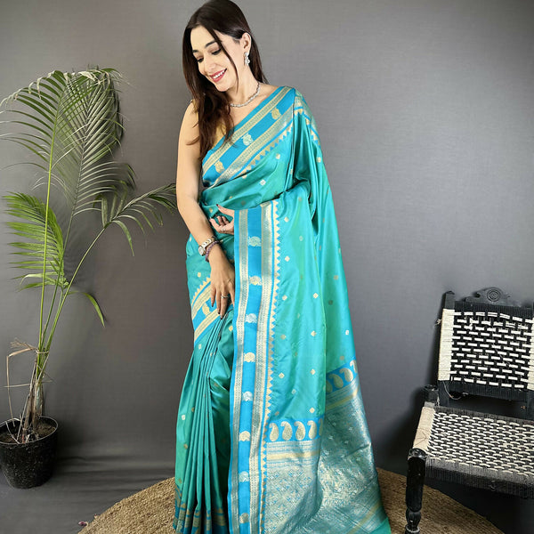 Joban Fashion Sea Green Banarasi Soft Silk Woven Saree