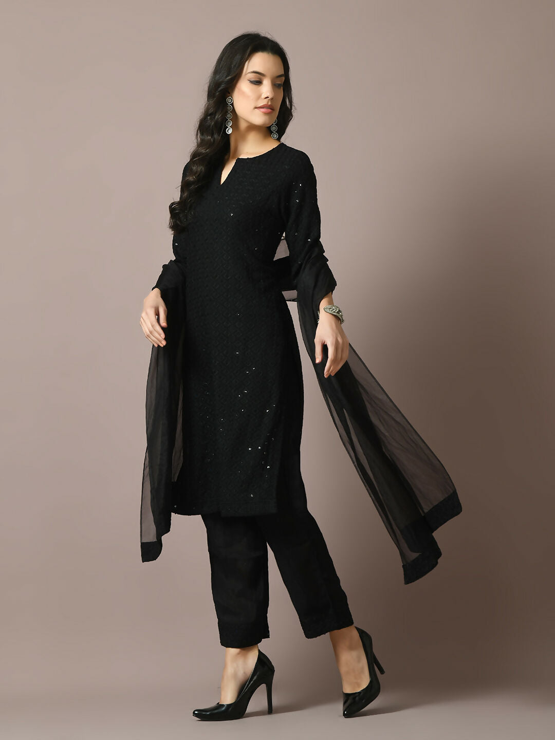 Myshka Women's Black Embroidered Cotton Straight Party Kurta Set With Dupatta - Distacart