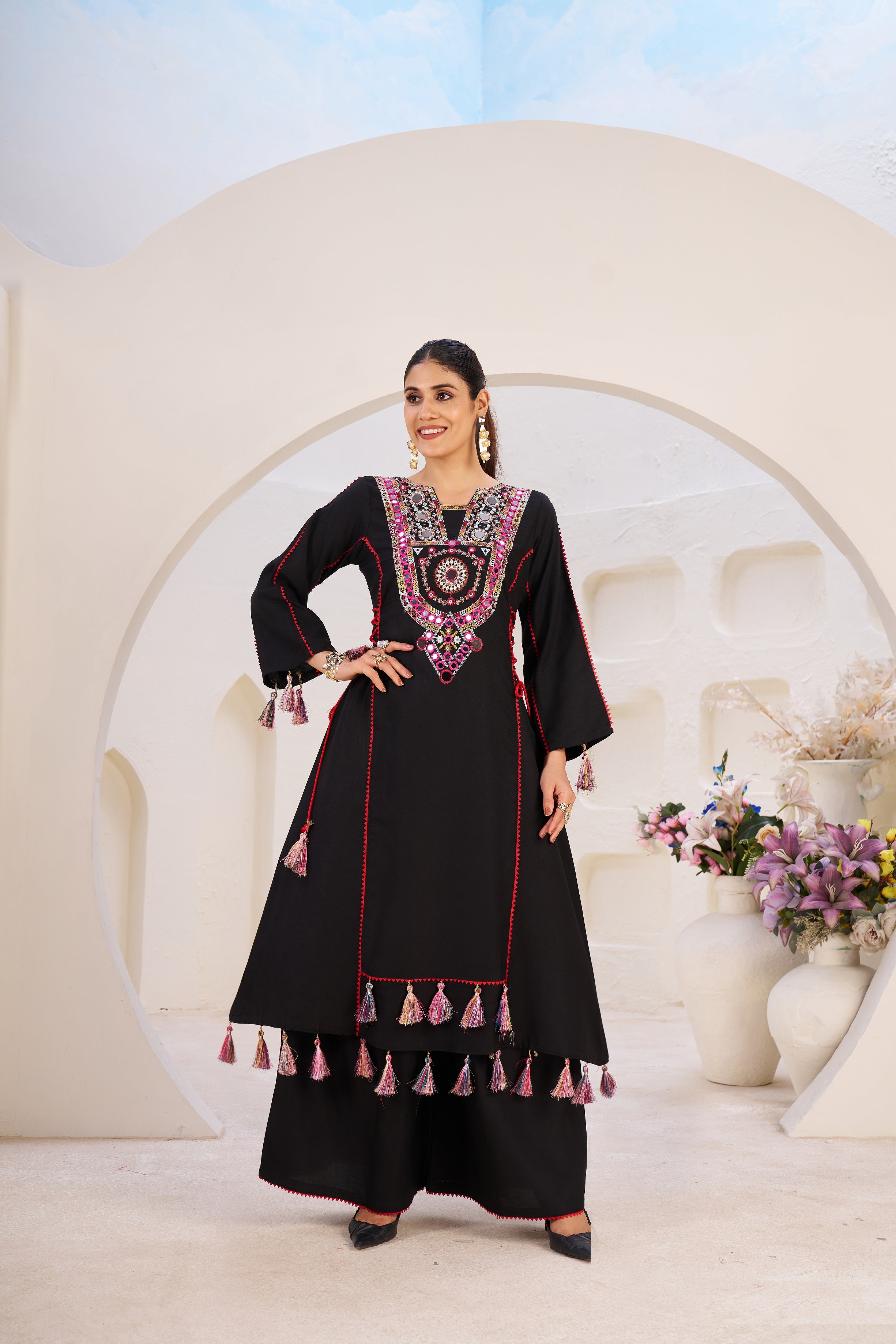 Lehenga Mart Black Reyon Designer Cord-Set Ready To Wear