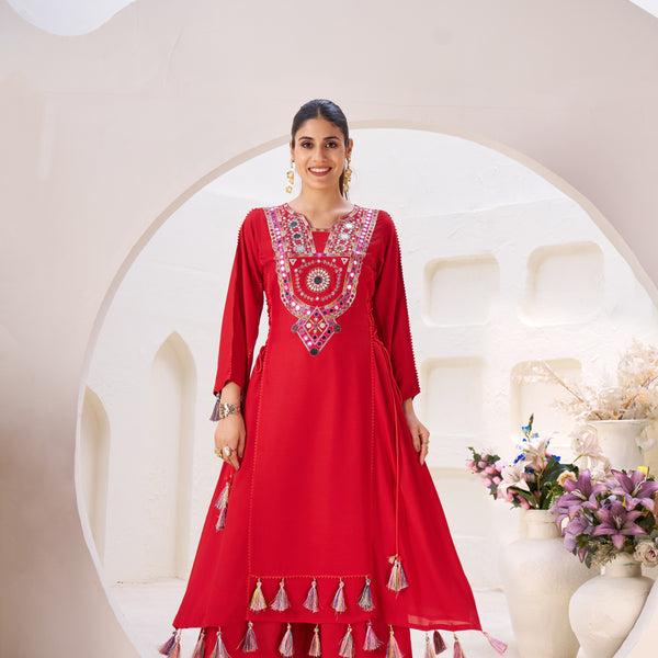Lehenga Mart Red Reyon Designer Cord-Set Ready To Wear - Distacart