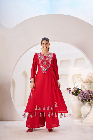 Lehenga Mart Red Reyon Designer Cord-Set Ready To Wear