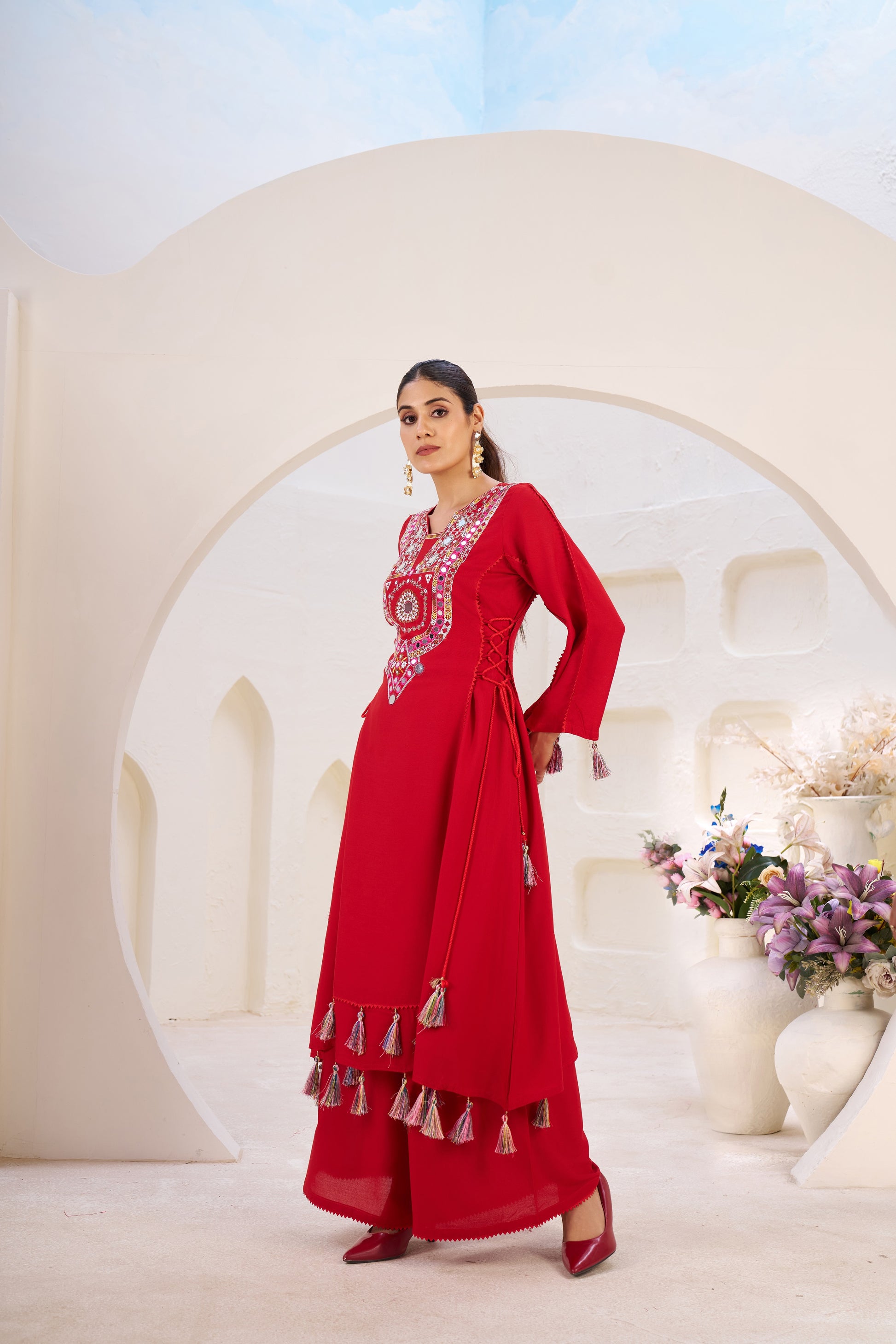 Lehenga Mart Red Reyon Designer Cord-Set Ready To Wear - Distacart