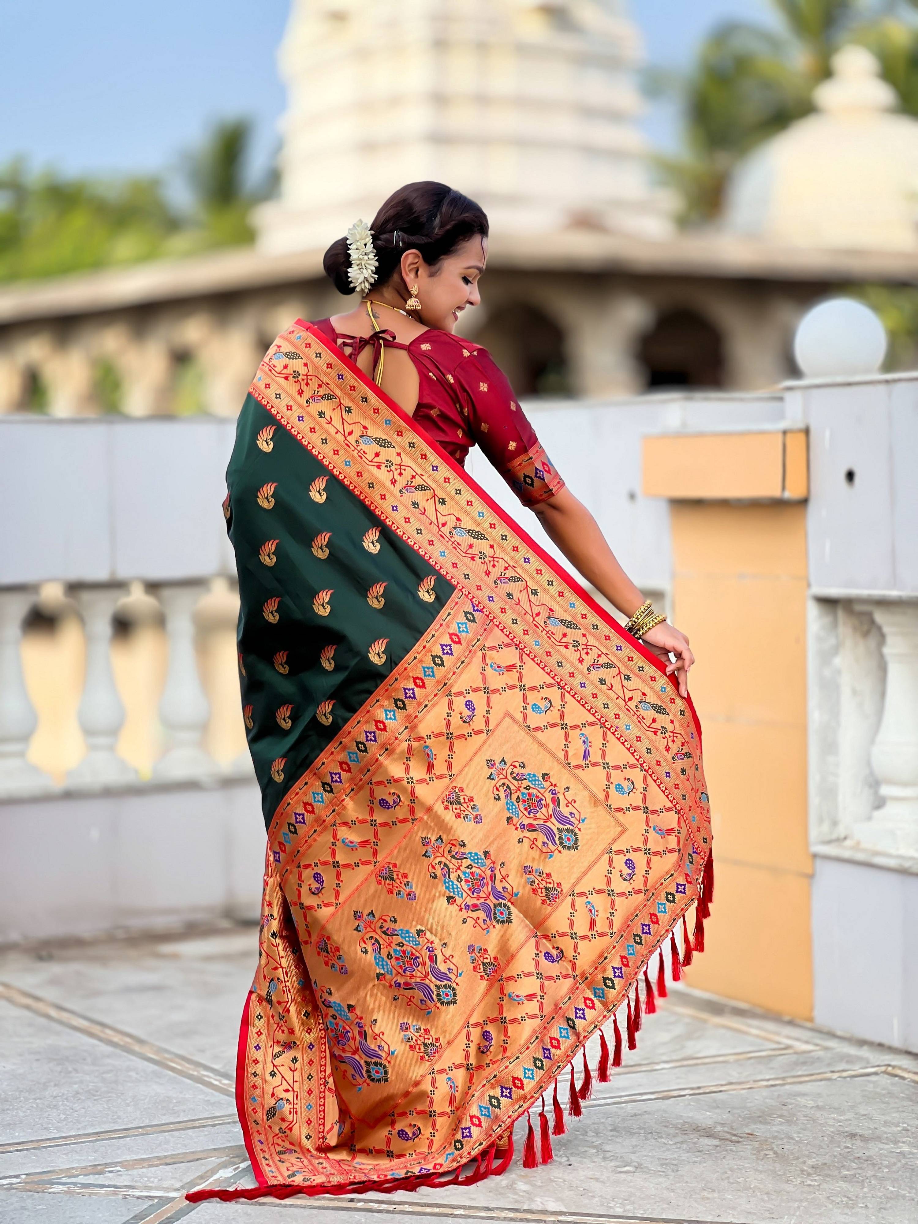 Vedant Vastram Soft Litchi Silk Paithani Jacquard Saree - Green - Dista
