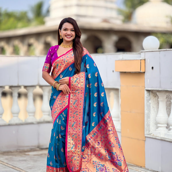 Vedant Vastram Soft Litchi Silk Paithani Jacquard Saree - Firozi - Dista