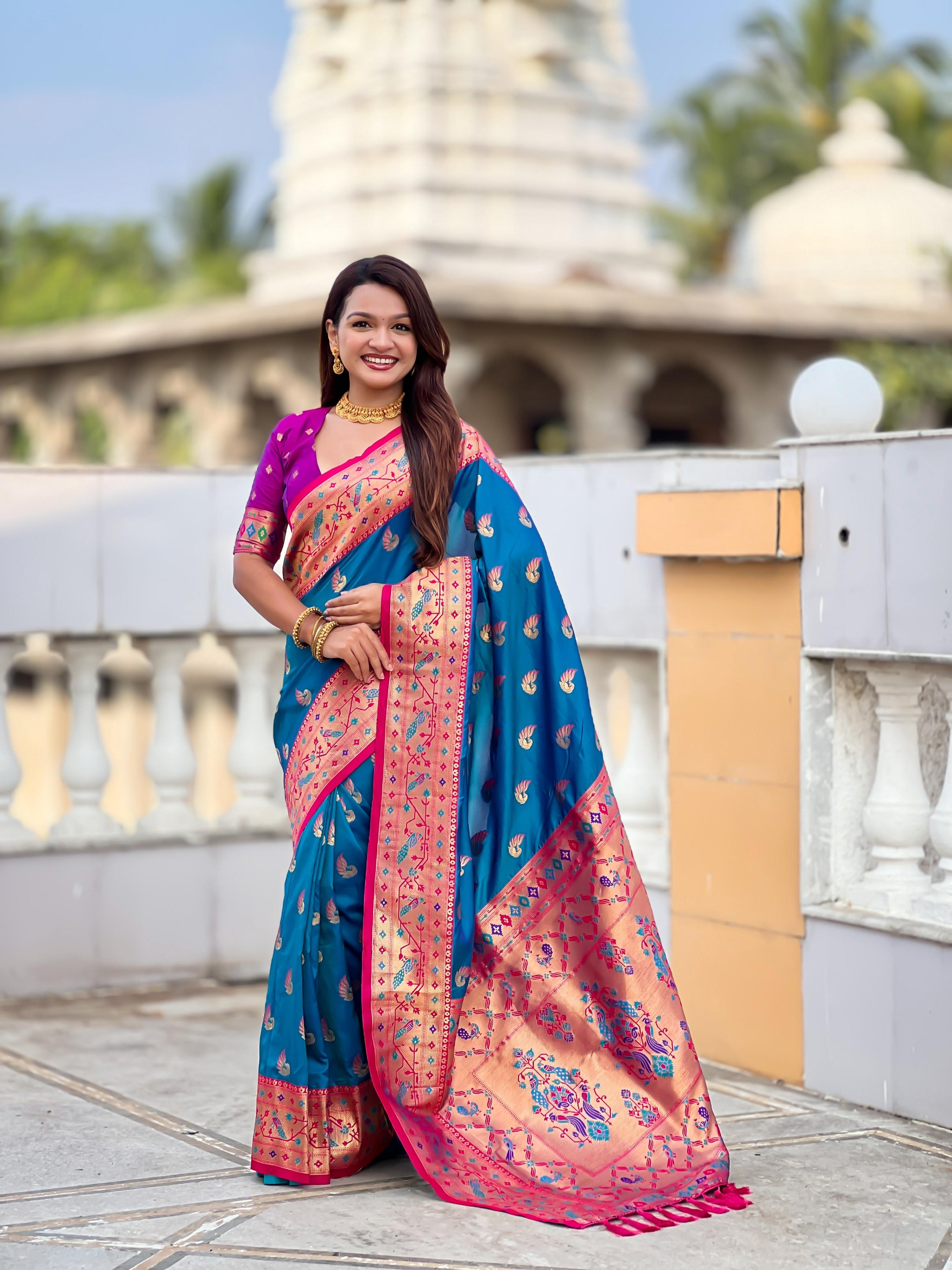Vedant Vastram Soft Litchi Silk Paithani Jacquard Saree - Firozi - Dista
