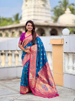 Thumbnail for Vedant Vastram Soft Litchi Silk Paithani Jacquard Saree - Firozi - Dista