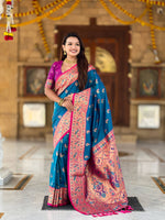 Thumbnail for Vedant Vastram Soft Litchi Silk Paithani Jacquard Saree - Firozi - Dista