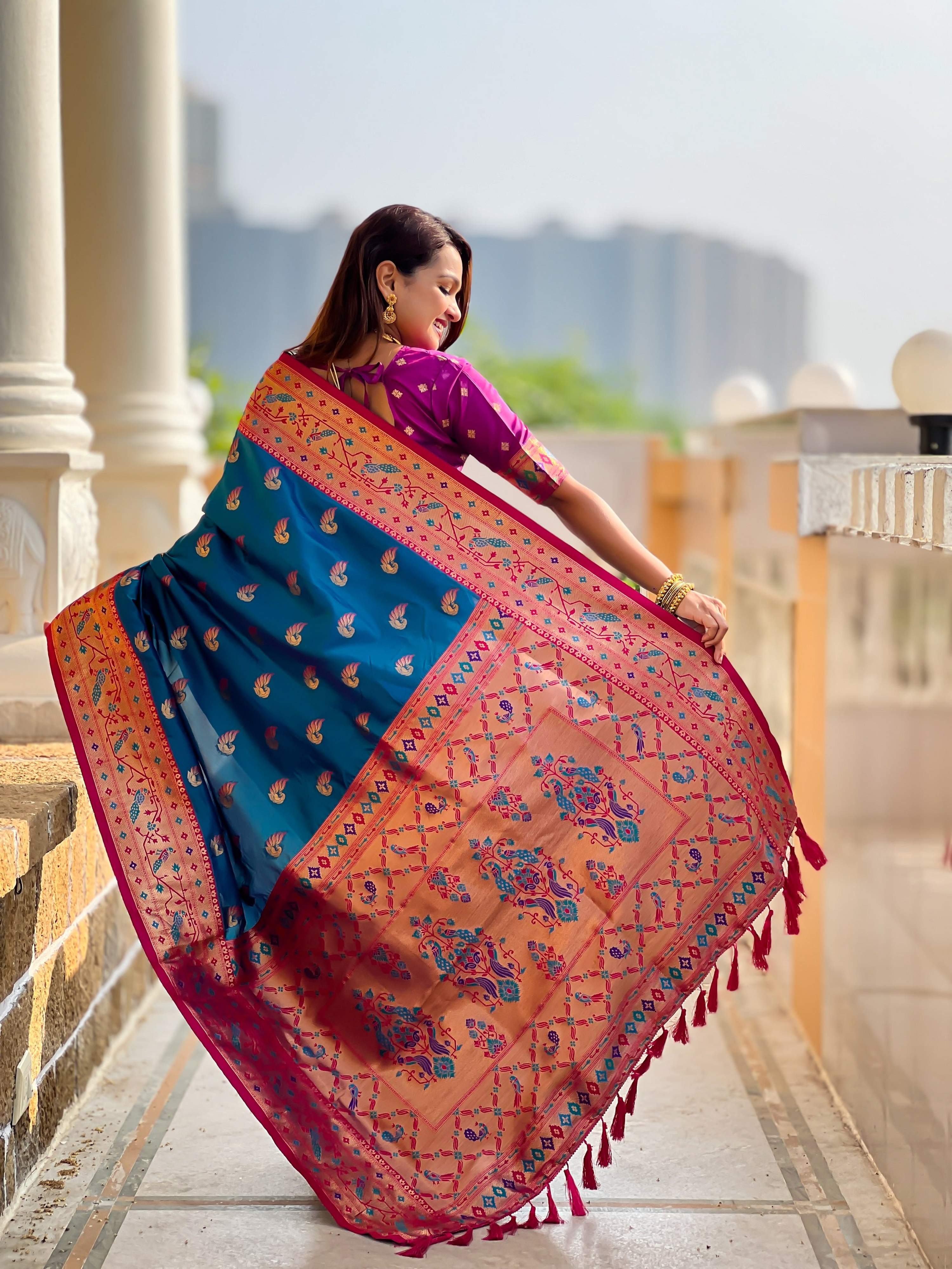 Vedant Vastram Soft Litchi Silk Paithani Jacquard Saree - Firozi - Dista