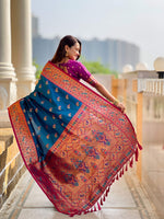 Thumbnail for Vedant Vastram Soft Litchi Silk Paithani Jacquard Saree - Firozi - Dista