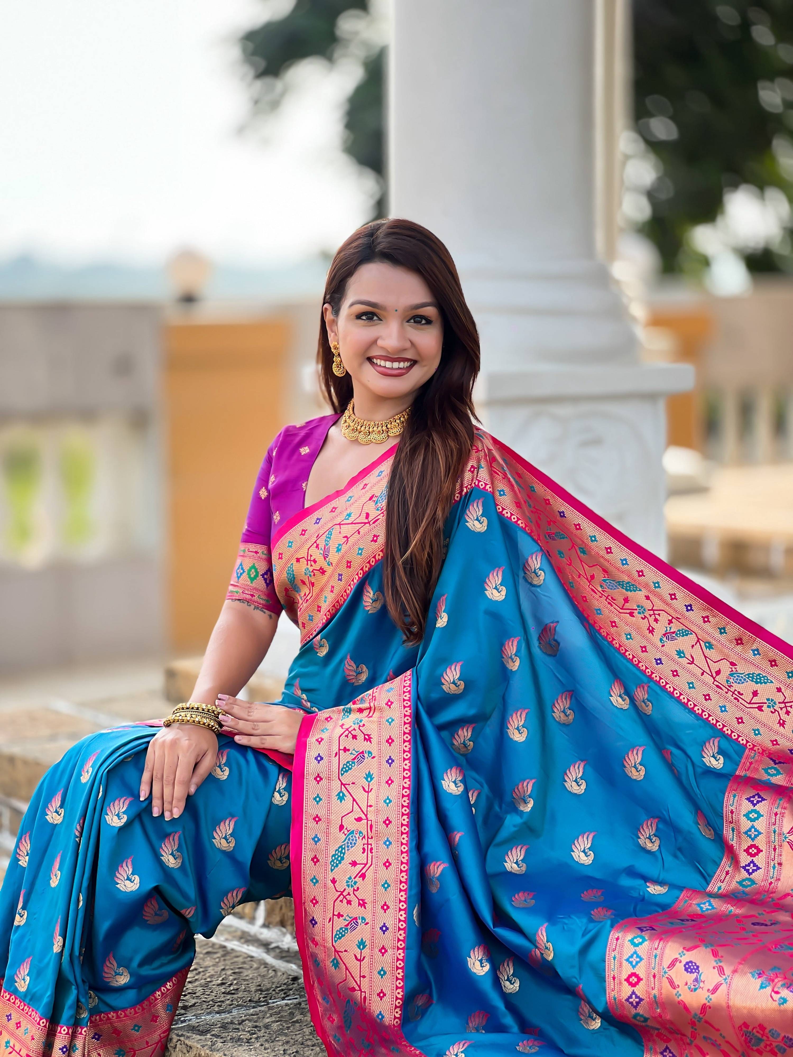 Vedant Vastram Soft Litchi Silk Paithani Jacquard Saree - Firozi - Dista