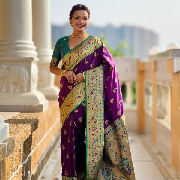 Vedant Vastram Soft Litchi Silk Paithani Jacquard Saree - Purple - Dista