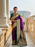 Thumbnail for Vedant Vastram Soft Litchi Silk Paithani Jacquard Saree - Purple - Dista