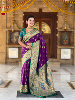 Thumbnail for Vedant Vastram Soft Litchi Silk Paithani Jacquard Saree - Purple - Dista
