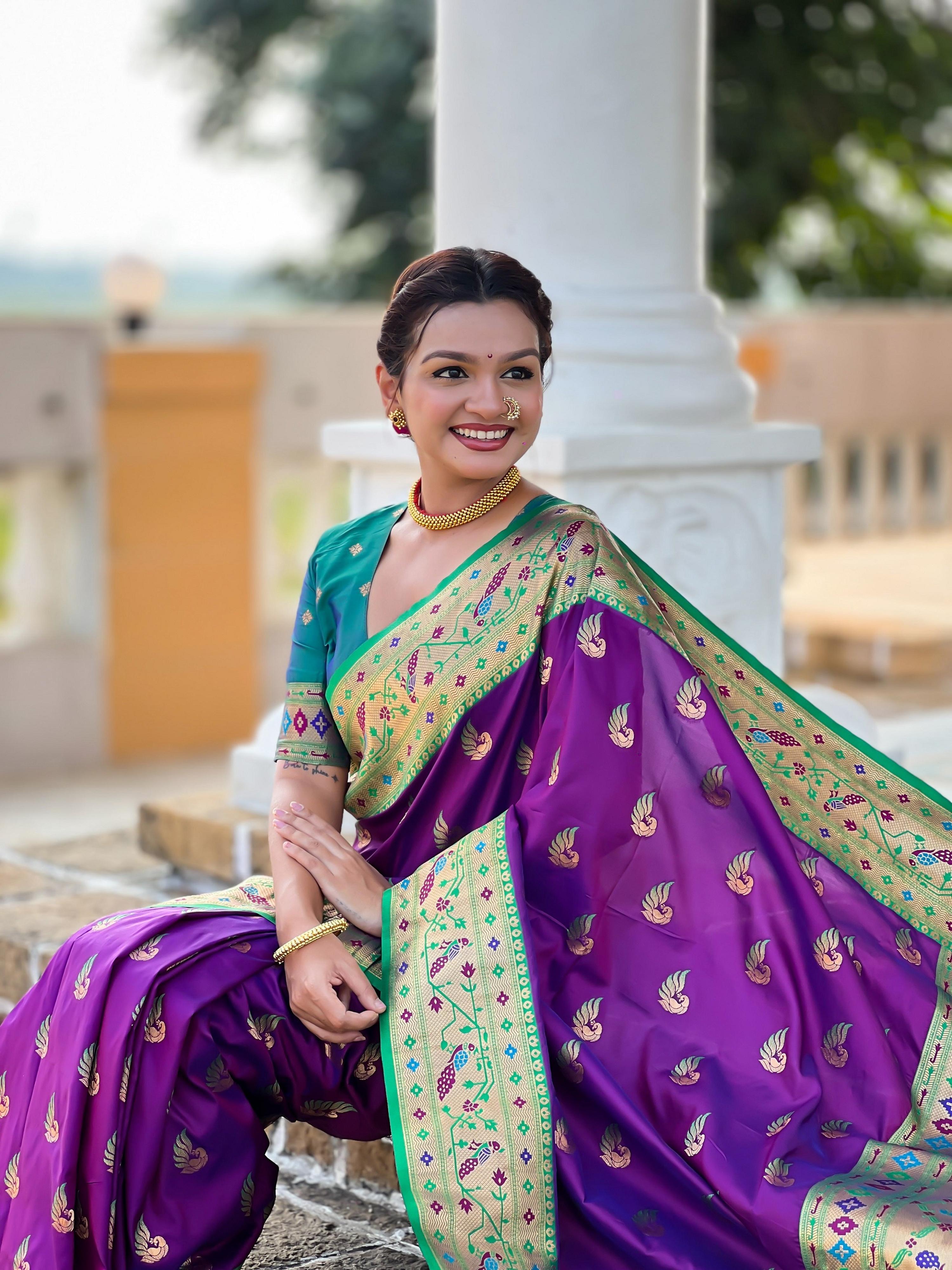 Vedant Vastram Soft Litchi Silk Paithani Jacquard Saree - Purple - Dista