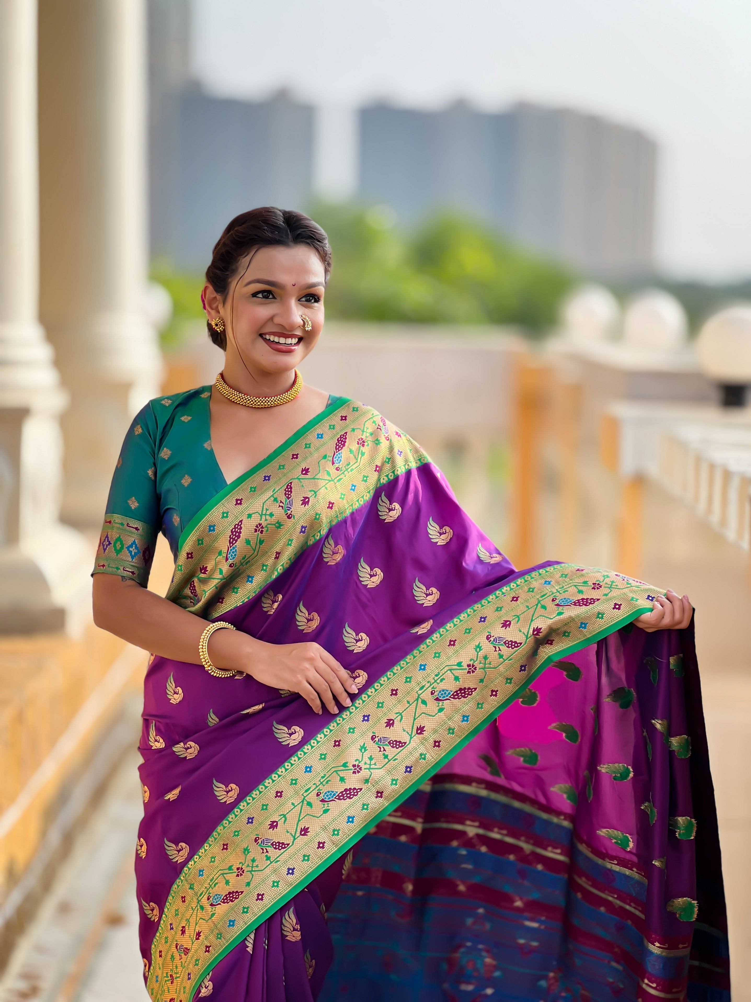 Vedant Vastram Soft Litchi Silk Paithani Jacquard Saree - Purple - Dista