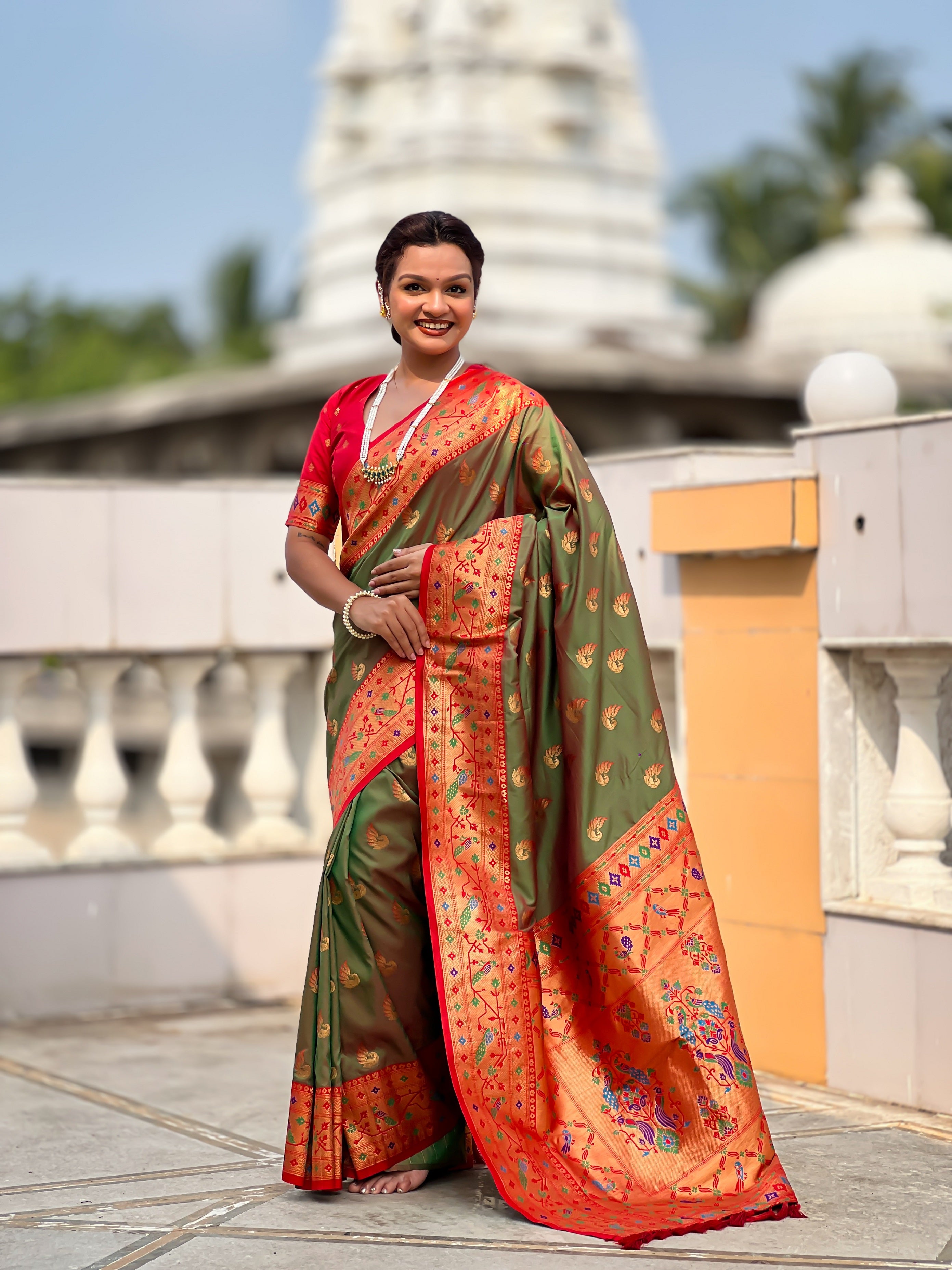 Vedant Vastram Soft Litchi Silk Paithani Jacquard Saree - Mahendi - Dista