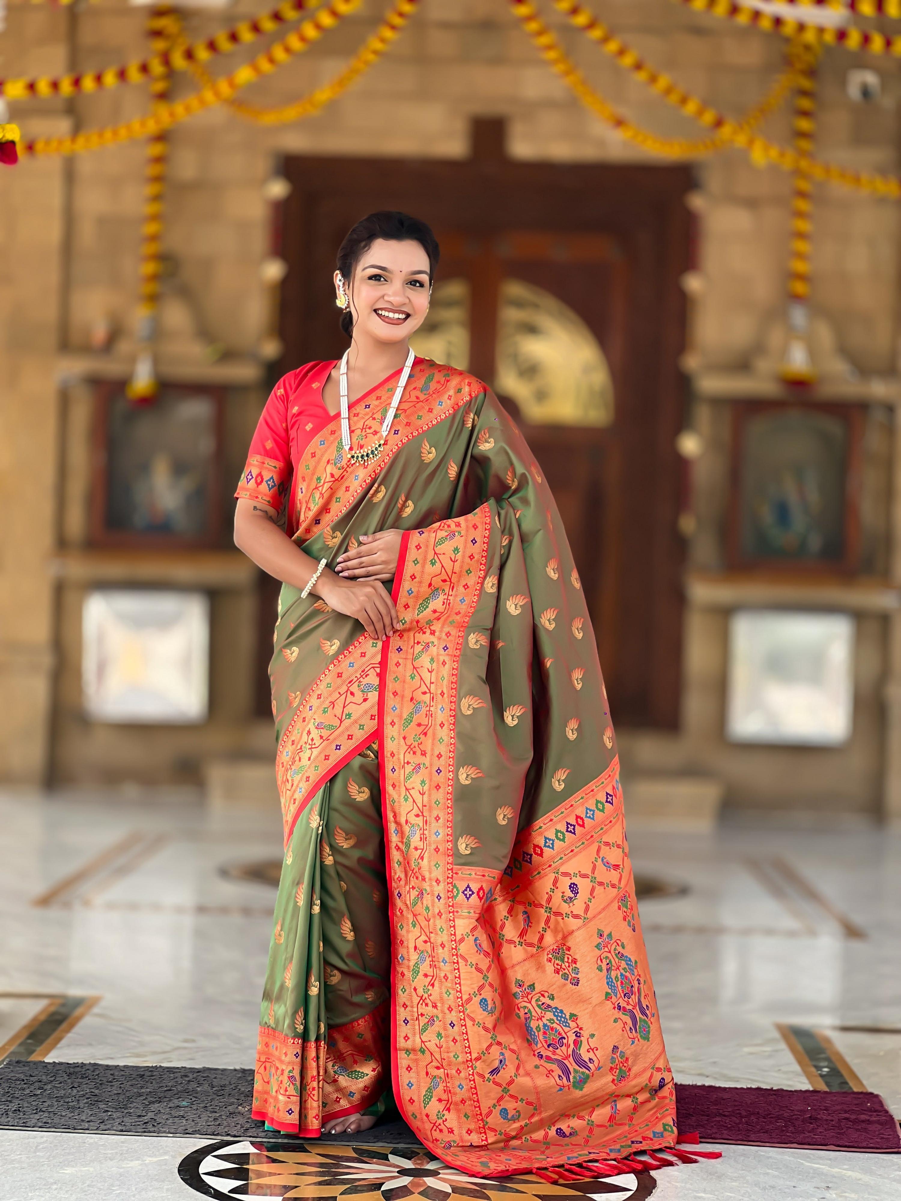 Vedant Vastram Soft Litchi Silk Paithani Jacquard Saree - Mahendi - Dista