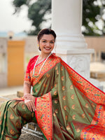 Thumbnail for Vedant Vastram Soft Litchi Silk Paithani Jacquard Saree - Mahendi - Dista