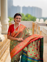 Thumbnail for Vedant Vastram Soft Litchi Silk Paithani Jacquard Saree - Mahendi - Dista