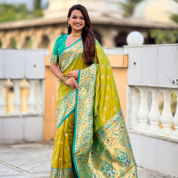 Vedant Vastram Soft Litchi Silk Paithani Jacquard Saree - Olive - Dista
