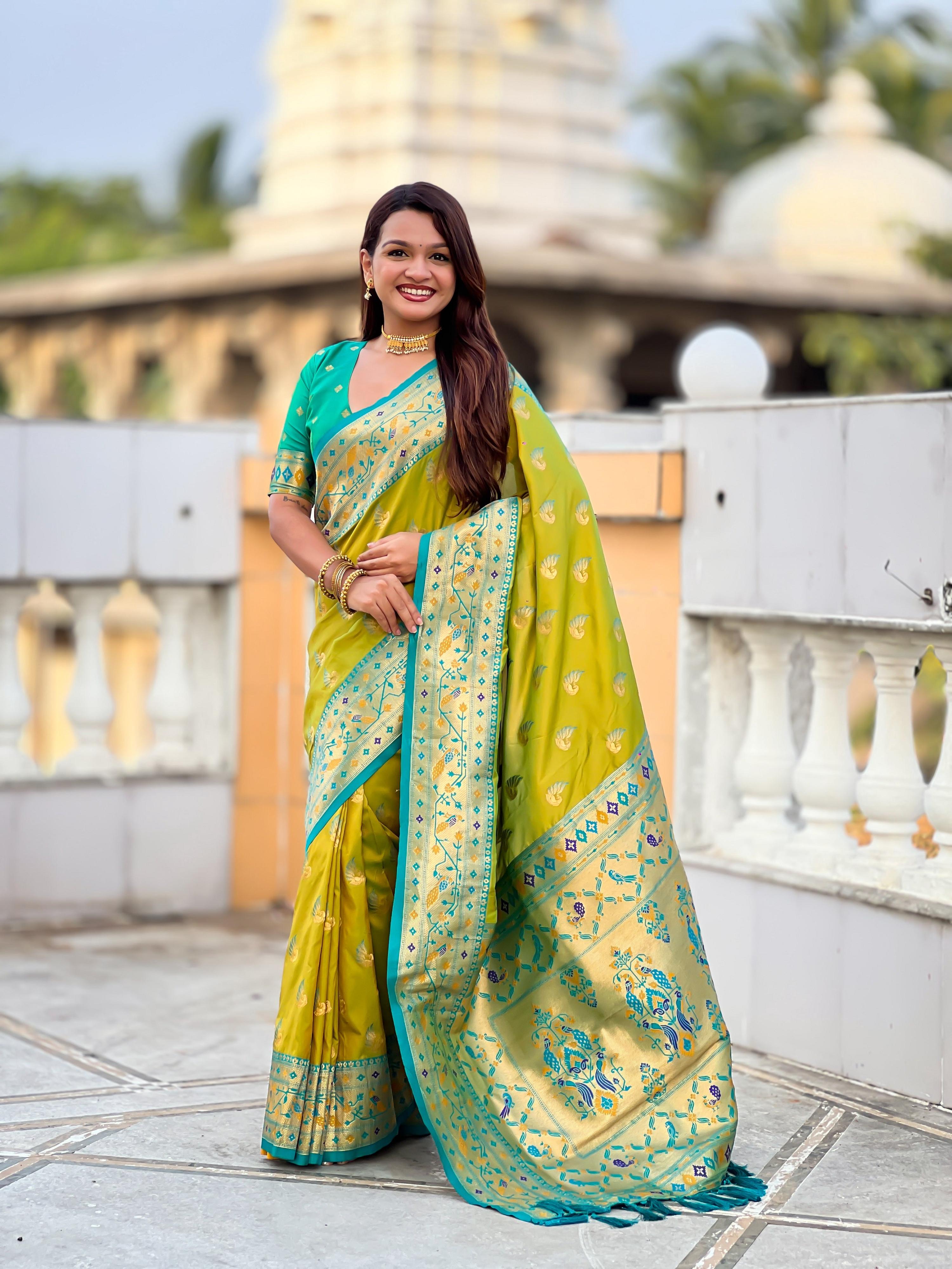 Vedant Vastram Soft Litchi Silk Paithani Jacquard Saree - Olive - Dista