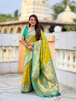 Thumbnail for Vedant Vastram Soft Litchi Silk Paithani Jacquard Saree - Olive - Dista