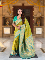 Thumbnail for Vedant Vastram Soft Litchi Silk Paithani Jacquard Saree - Olive - Dista