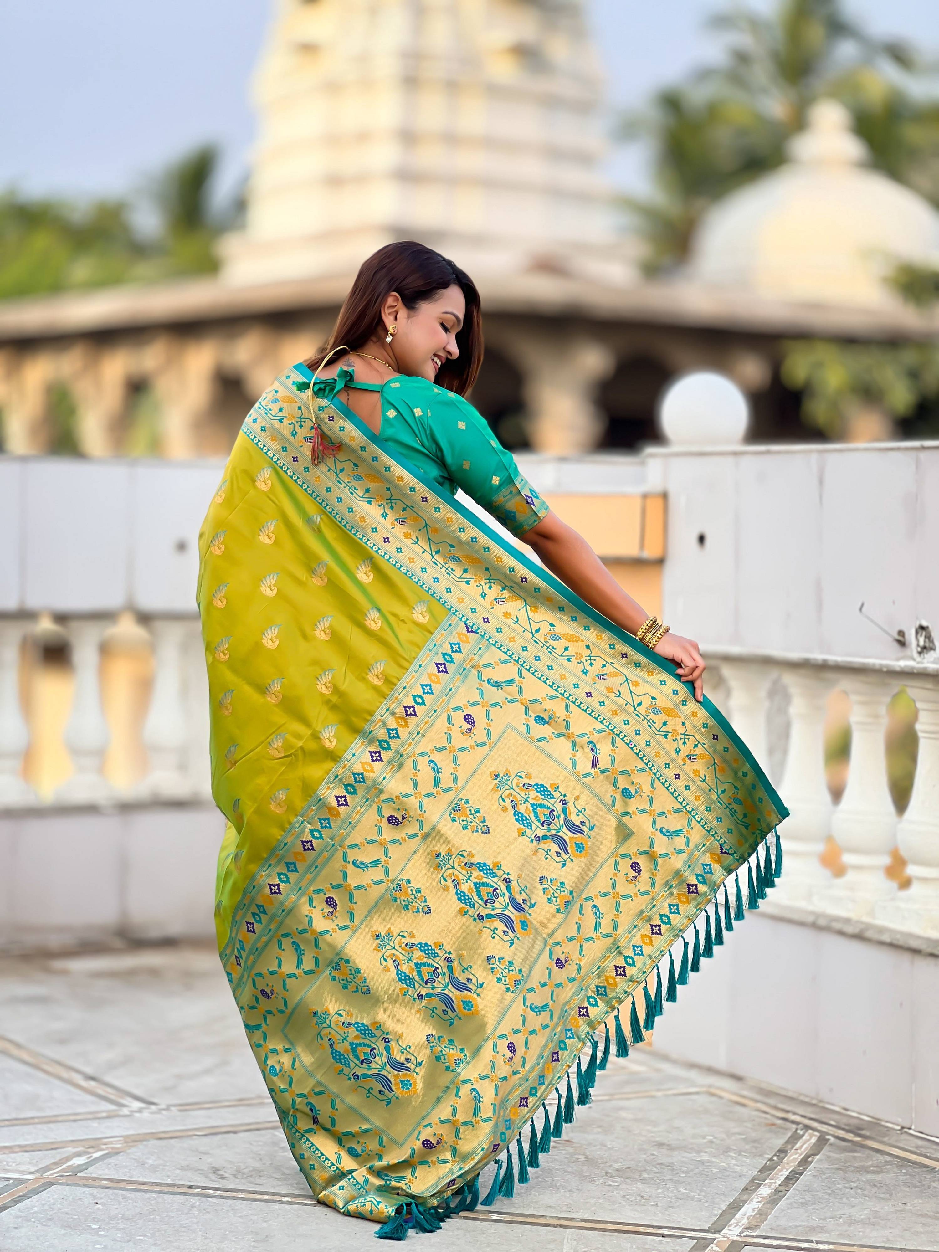 Vedant Vastram Soft Litchi Silk Paithani Jacquard Saree - Olive - Dista