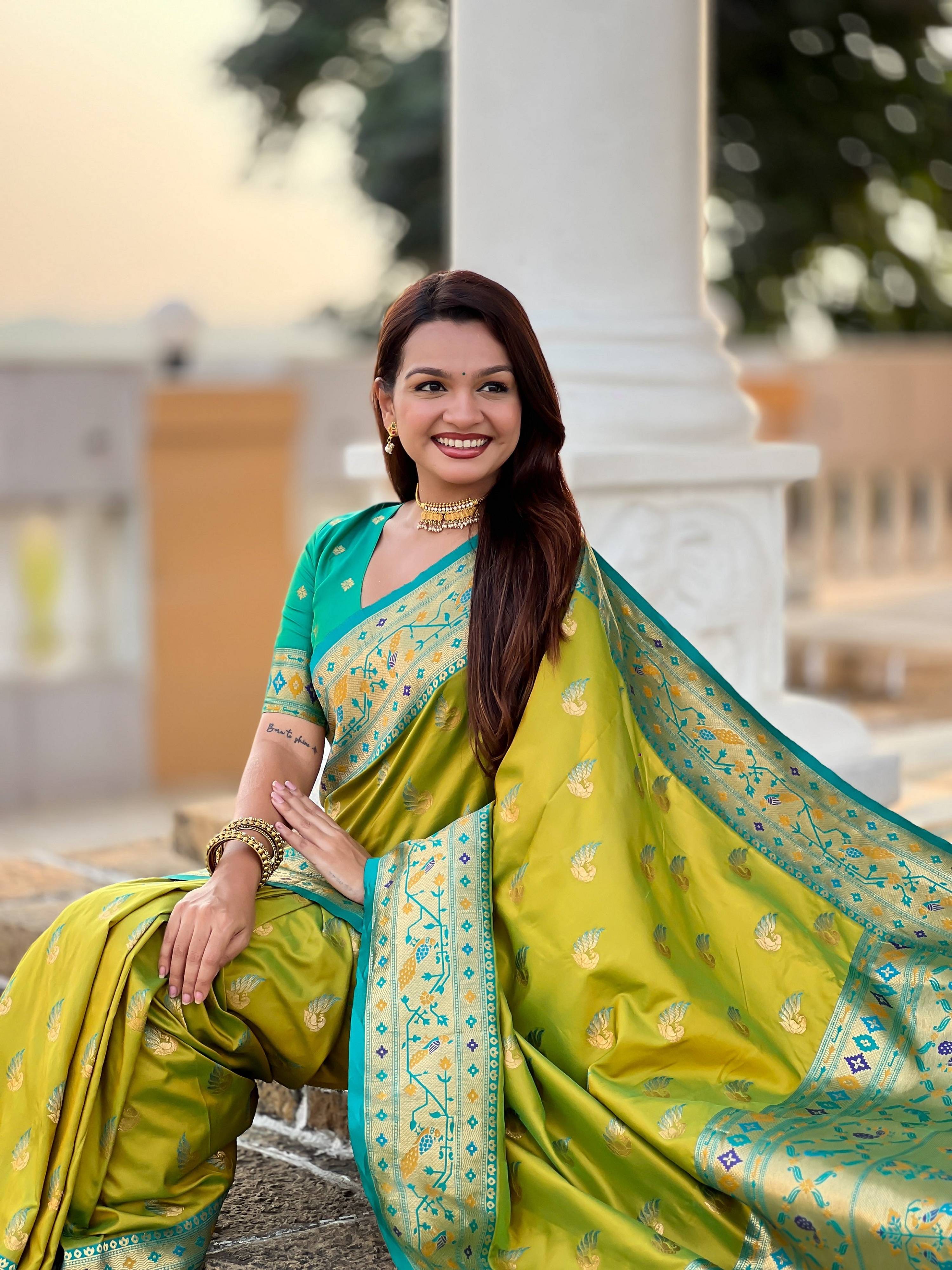 Vedant Vastram Soft Litchi Silk Paithani Jacquard Saree - Olive - Dista