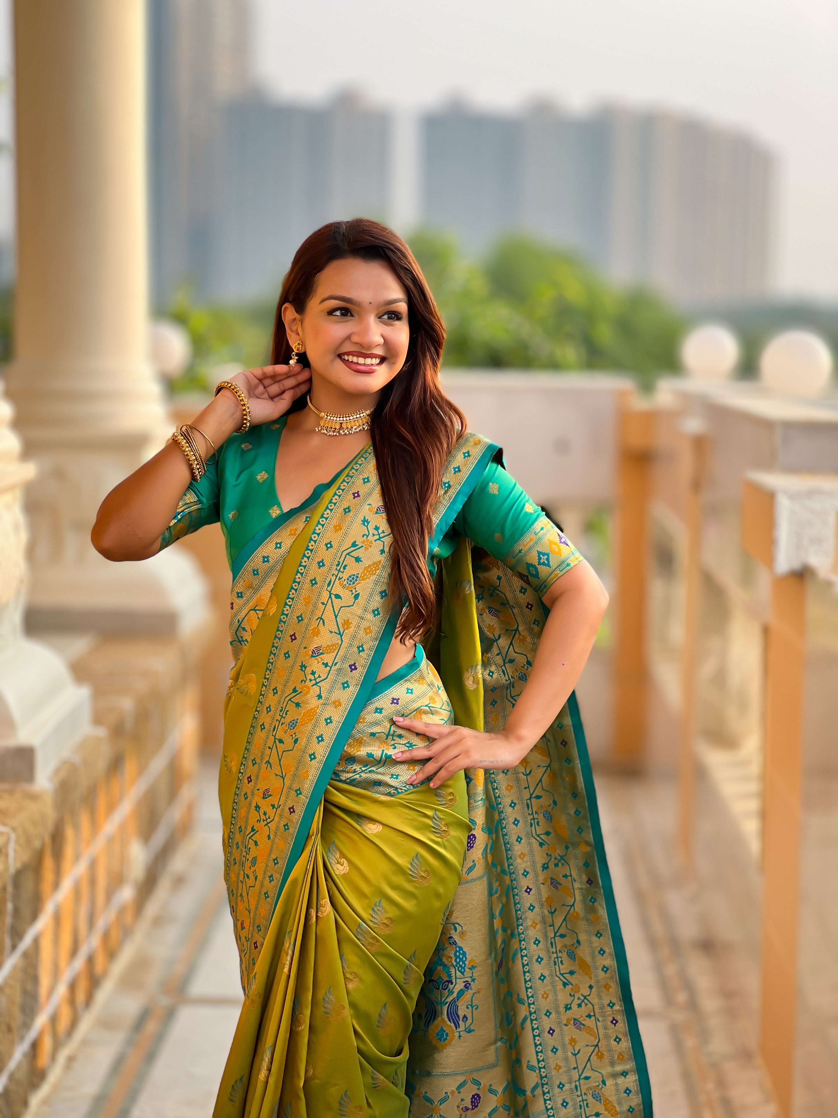 Vedant Vastram Soft Litchi Silk Paithani Jacquard Saree - Olive - Dista