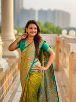 Thumbnail for Vedant Vastram Soft Litchi Silk Paithani Jacquard Saree - Olive - Dista