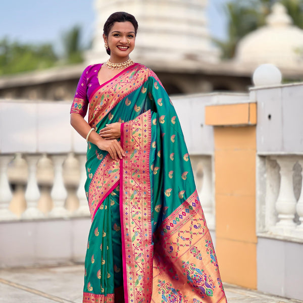 Vedant Vastram Soft Litchi Silk Paithani Jacquard Saree - Rama - Dista