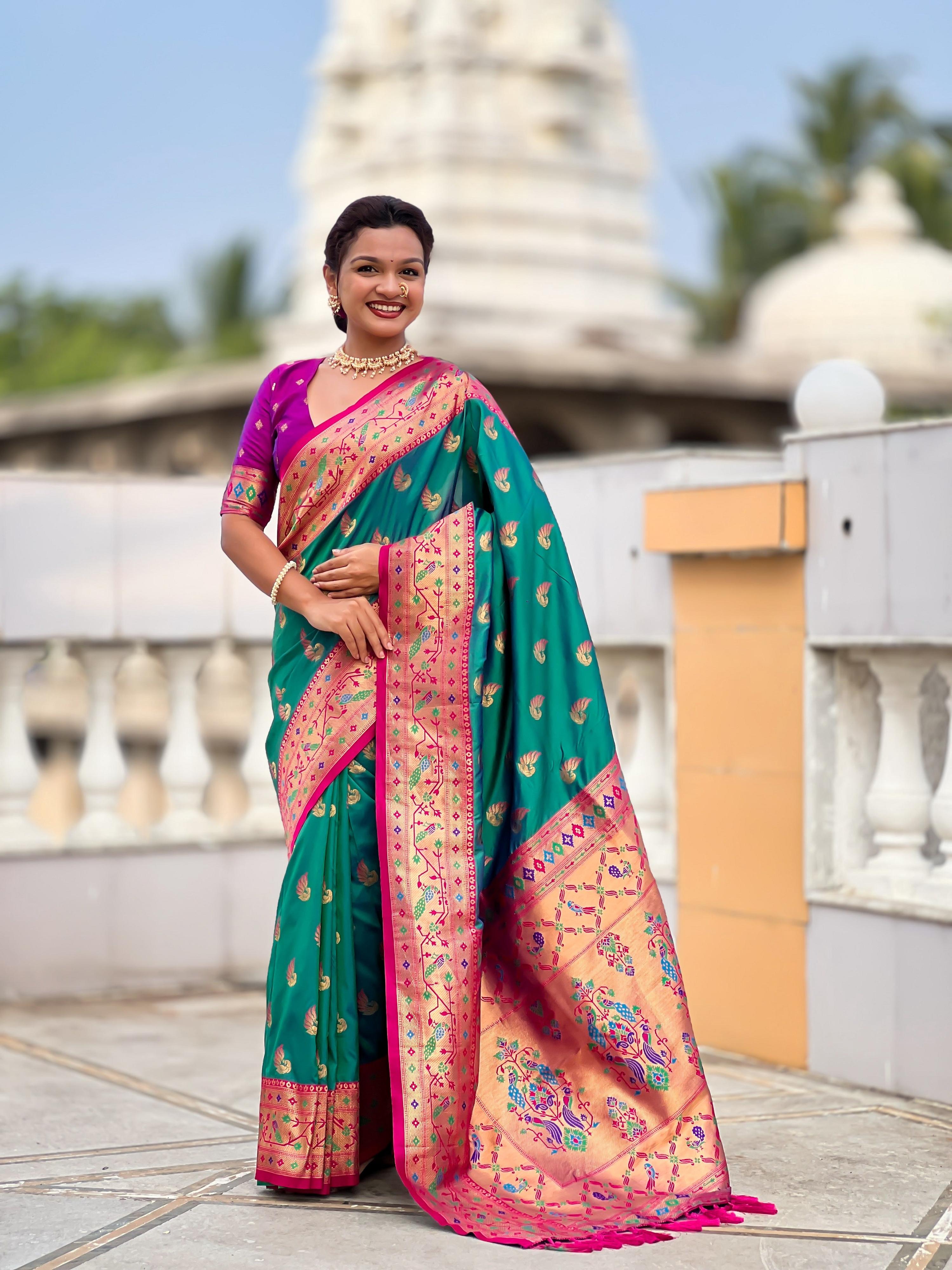 Vedant Vastram Soft Litchi Silk Paithani Jacquard Saree - Rama - Dista