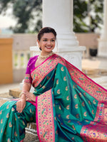 Thumbnail for Vedant Vastram Soft Litchi Silk Paithani Jacquard Saree - Rama - Dista