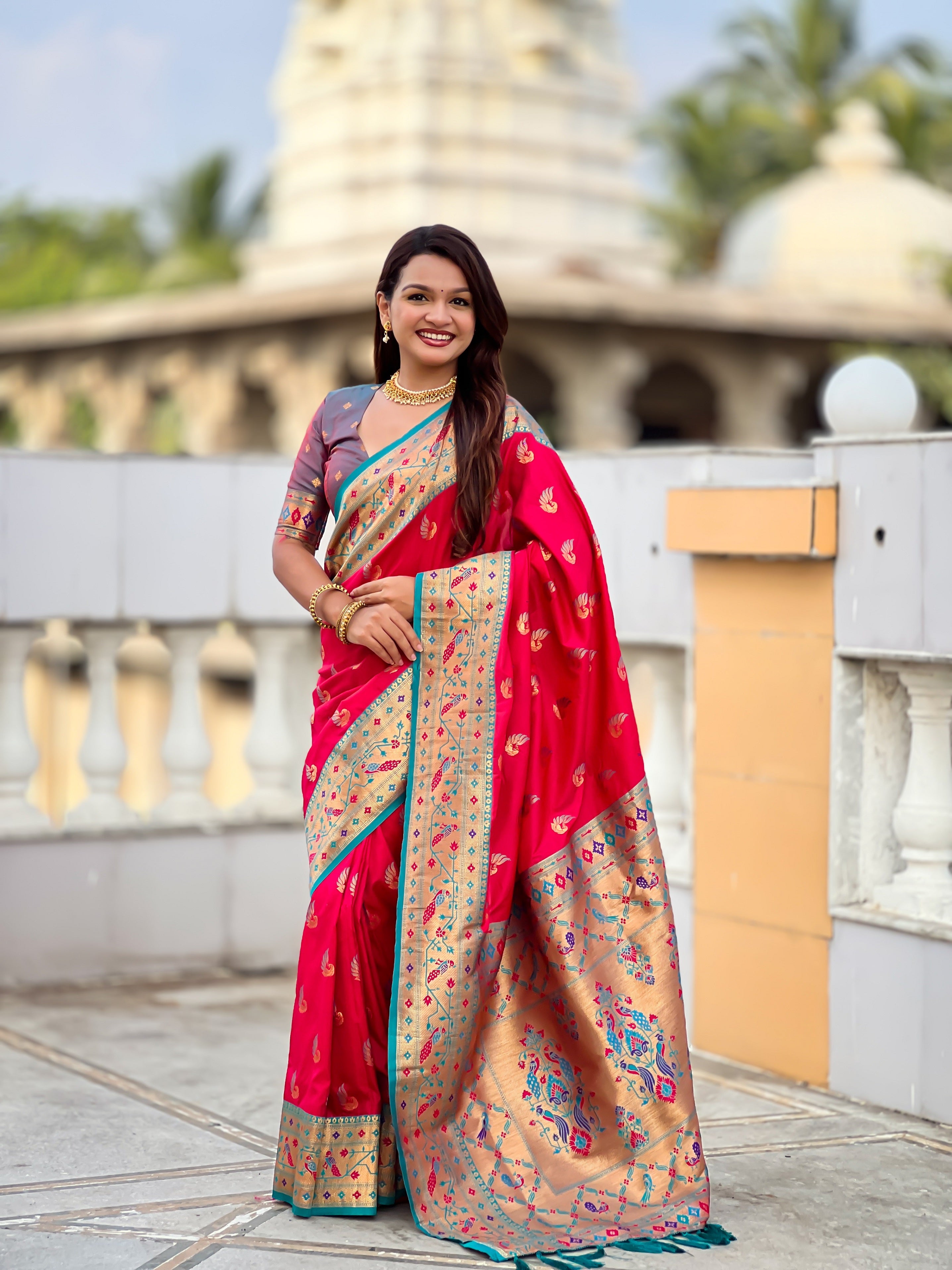 Vedant Vastram Soft Litchi Silk Paithani Jacquard Saree - Pink - Dista