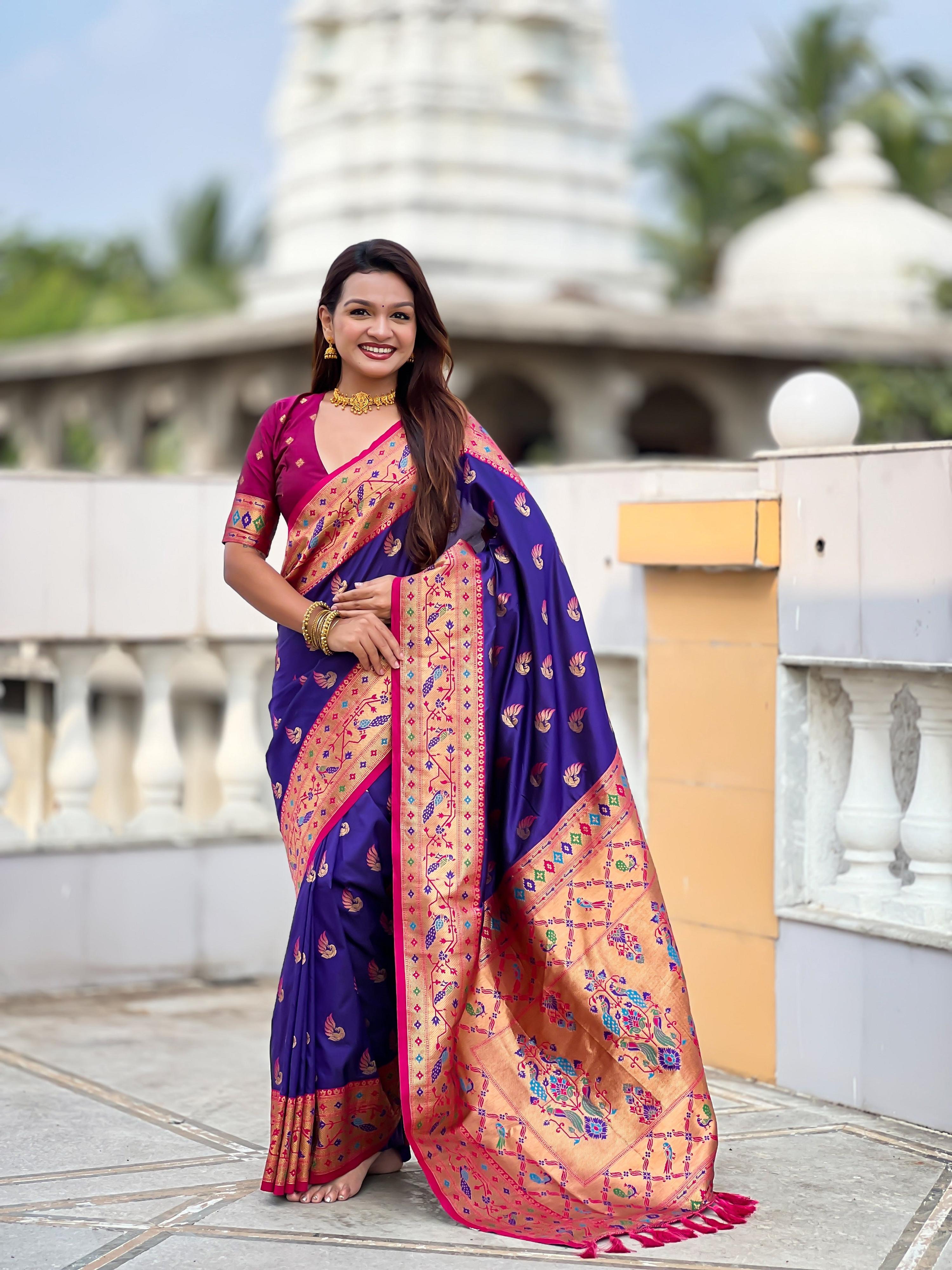Vedant Vastram Soft Litchi Silk Paithani Jacquard Saree - Violet - Dista