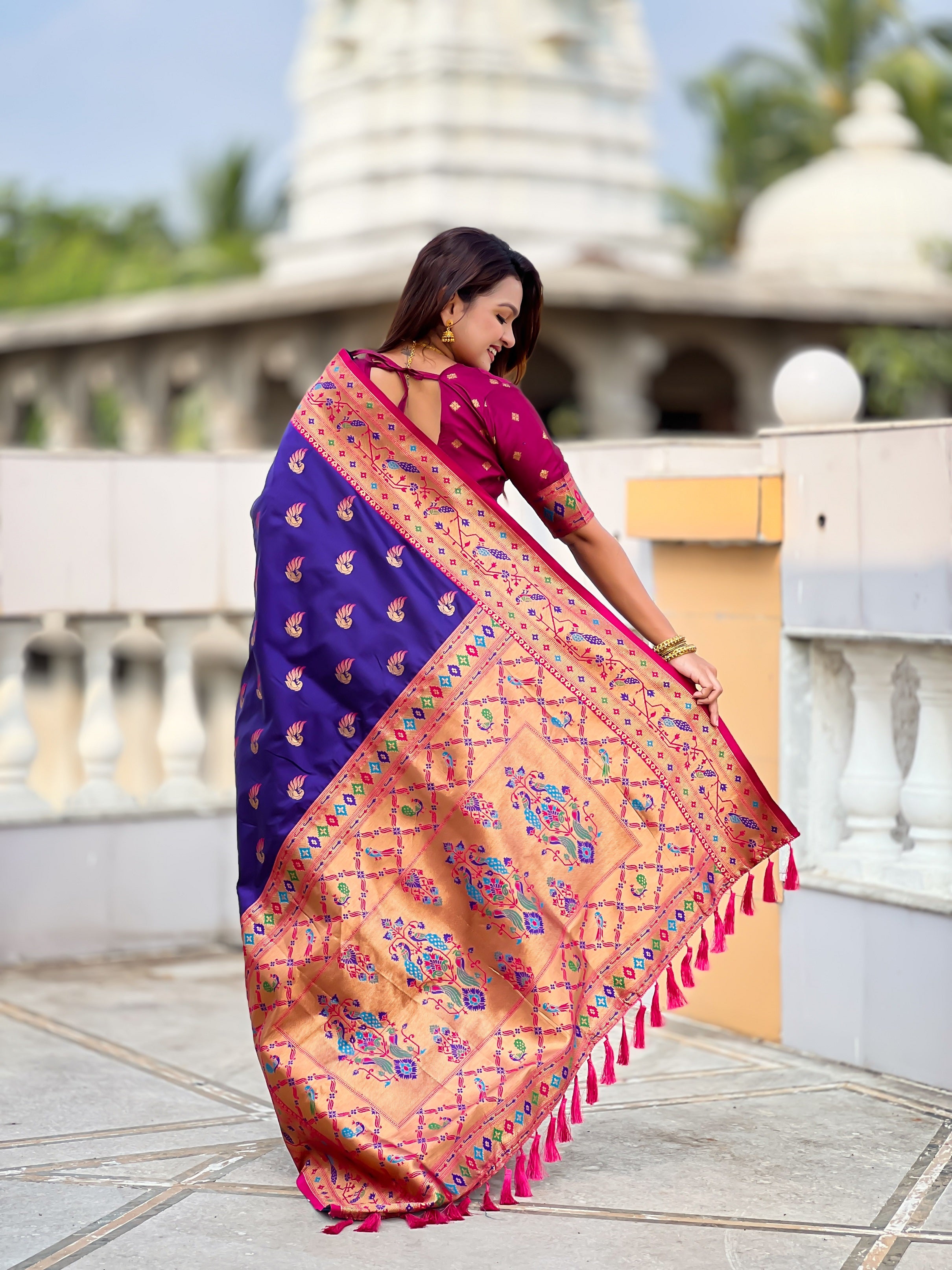 Vedant Vastram Soft Litchi Silk Paithani Jacquard Saree - Violet - Dista