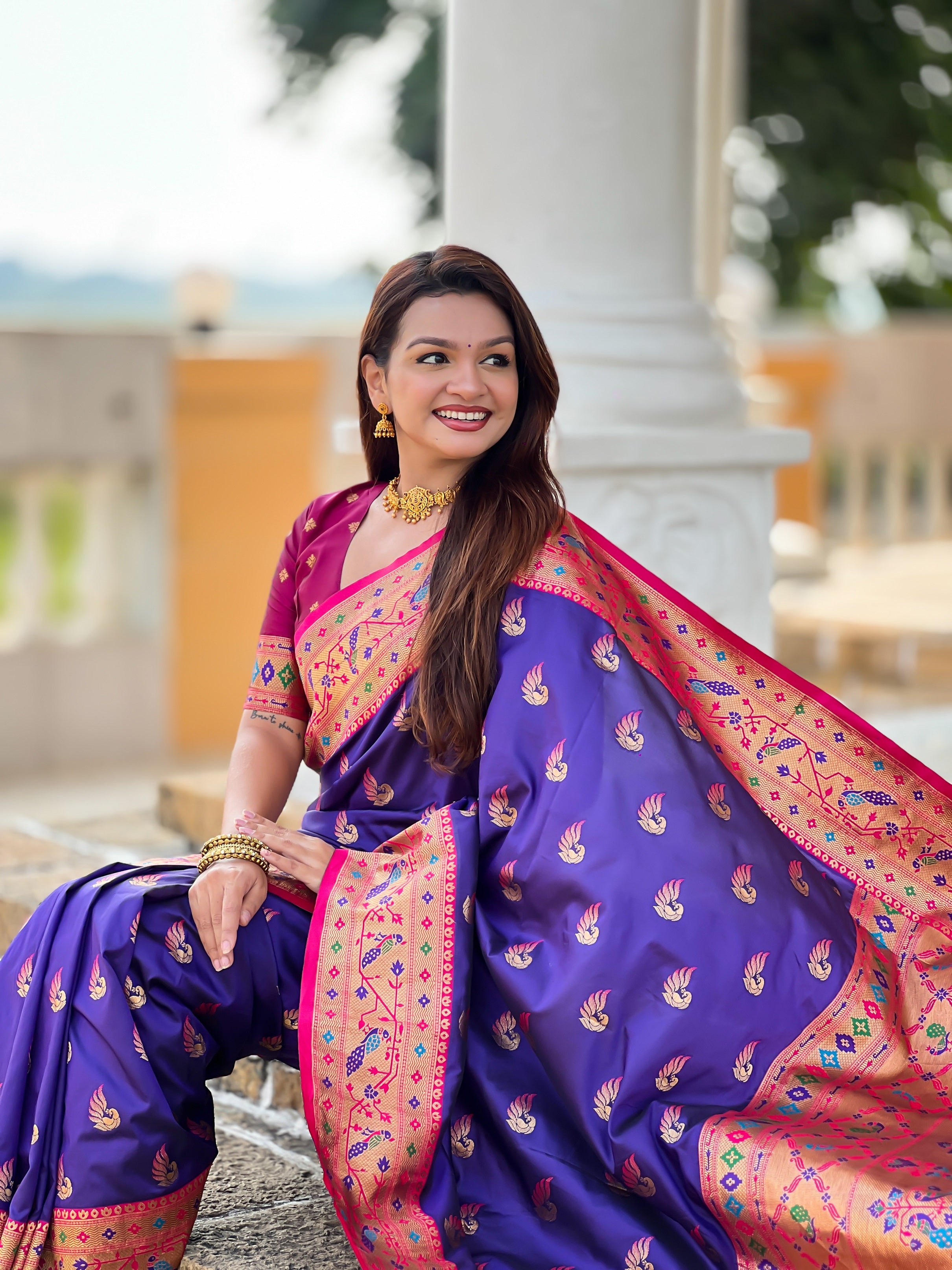 Vedant Vastram Soft Litchi Silk Paithani Jacquard Saree - Violet - Dista