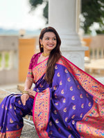 Thumbnail for Vedant Vastram Soft Litchi Silk Paithani Jacquard Saree - Violet - Dista