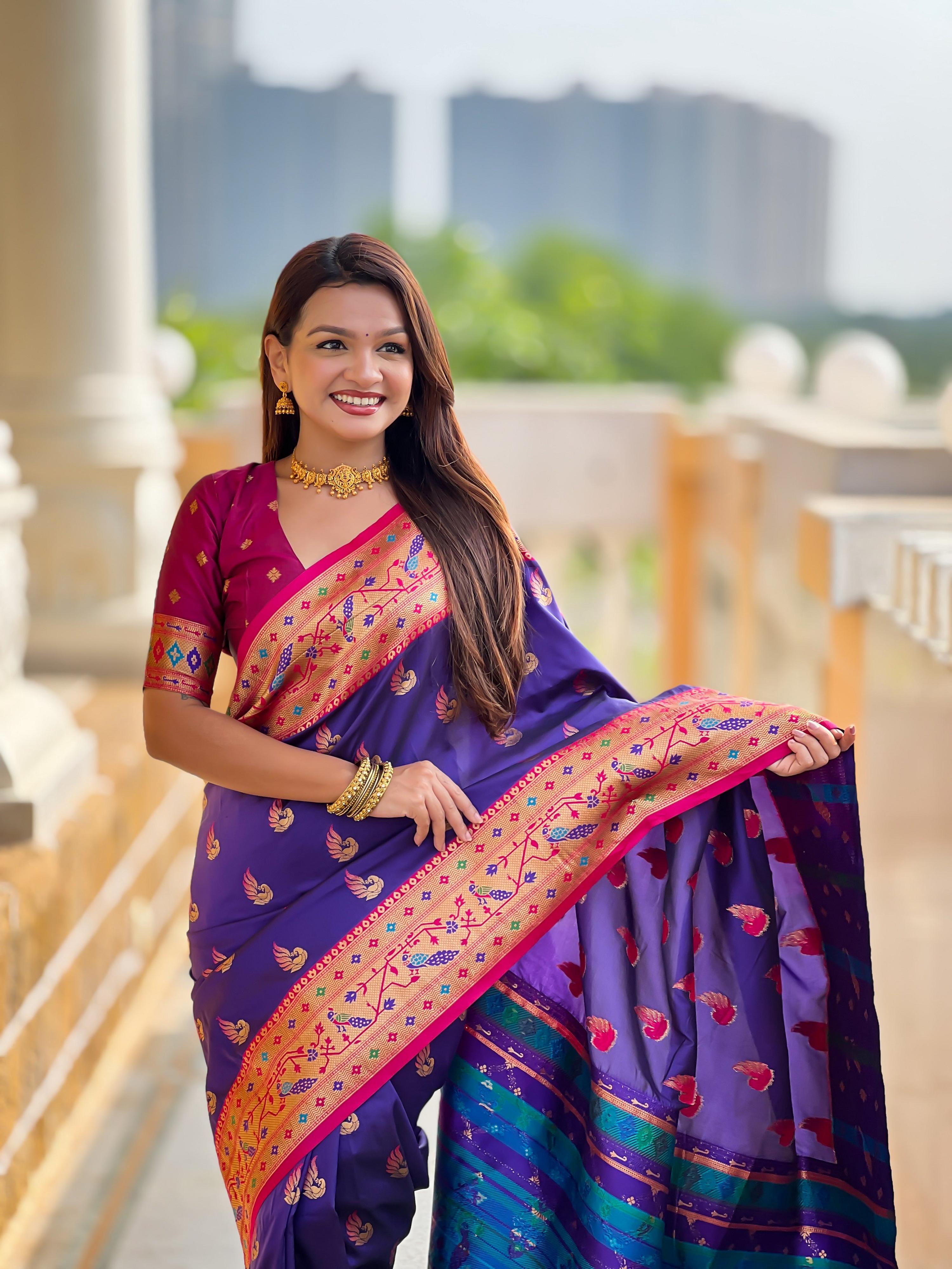 Vedant Vastram Soft Litchi Silk Paithani Jacquard Saree - Violet - Dista